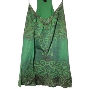 Y2K Lace Trim Green Mid Length Cami Tank Top XL Weavers Spaghetti Strap